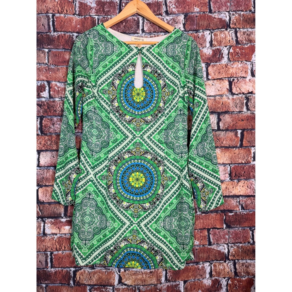 Arden B Green Geometric Paisley Medallion Keyhole Mini Dress Small Long Sleeve
